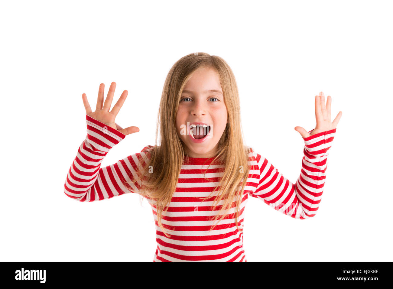 Blonden eingerückten Kind Mädchen offen Mounth und Hände glücklichen Ausdruck Geste auf weiß Stockfoto