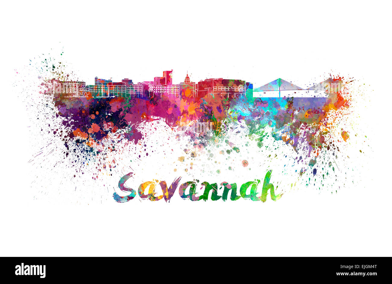 Skyline von Savannah in Aquarell Spritzer Stockfoto