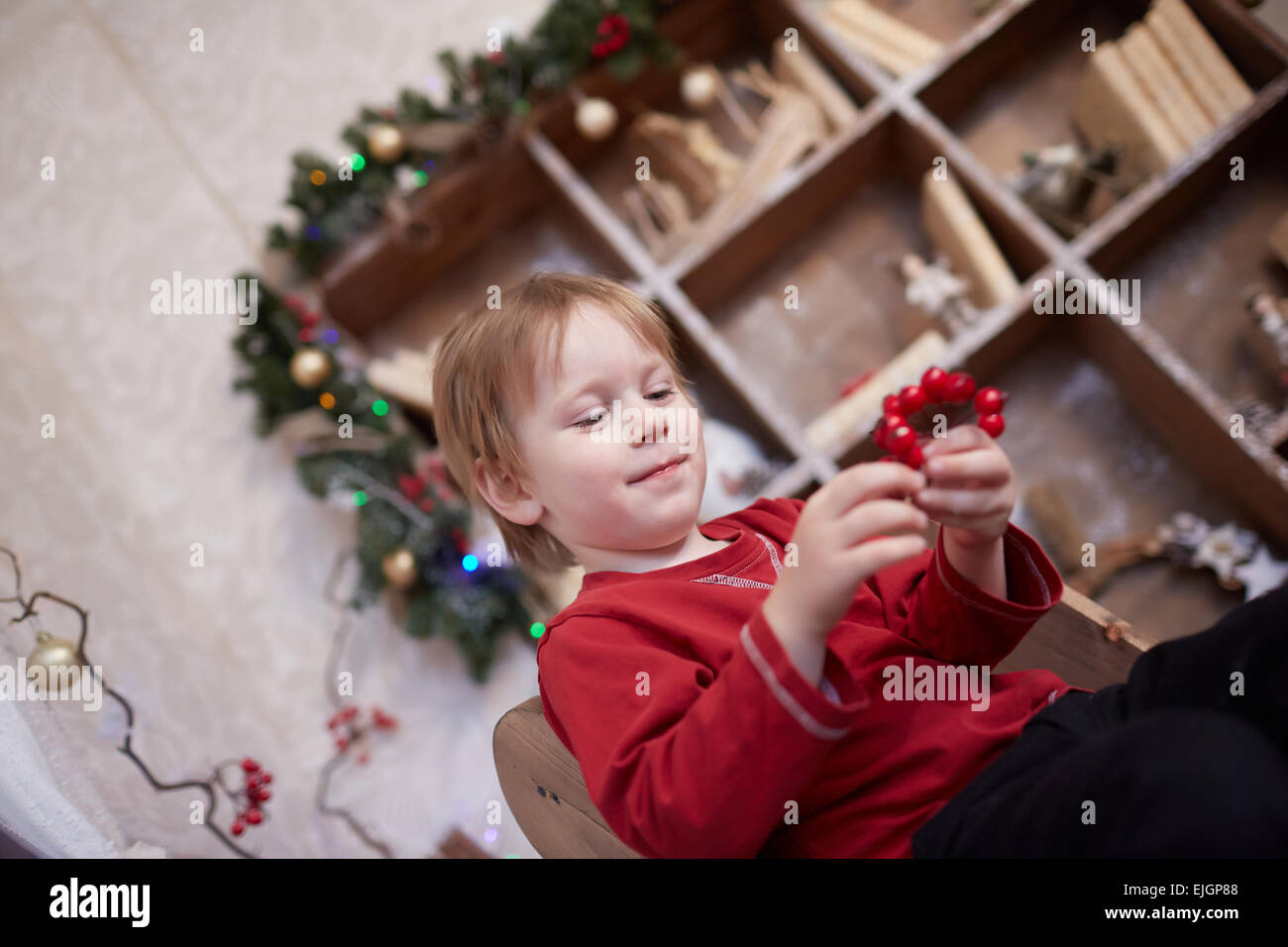 Boy fünf Jahre in Vorfreude auf den Urlaub, in der Nähe der Weihnachtsbaum sitzen hält eine Reihe von roten Beeren Stockfoto