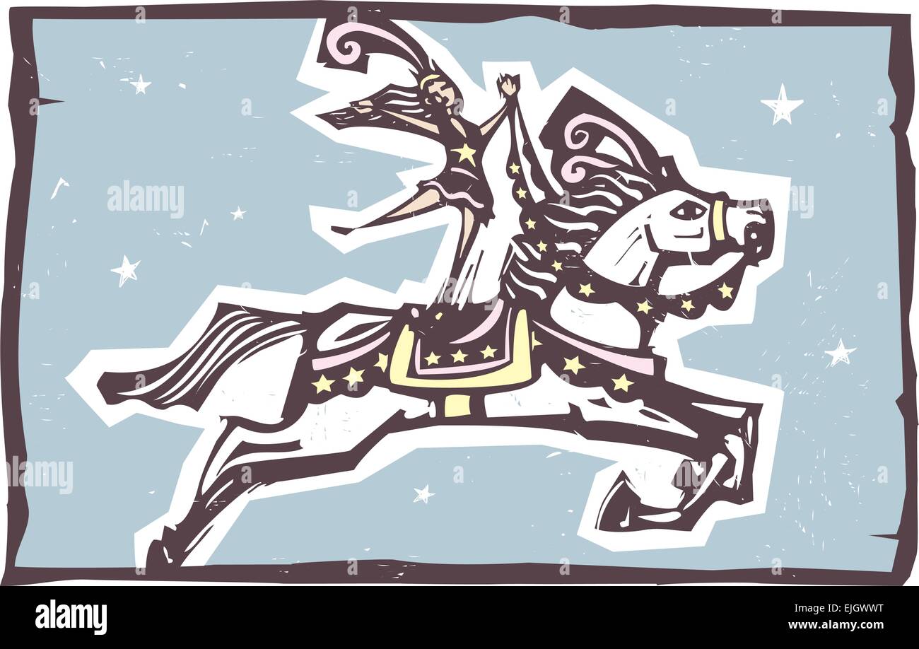 Holzschnitt Stil expressionistische Bild ein Zirkusartist auf einem springenden Pferd Stock Vektor