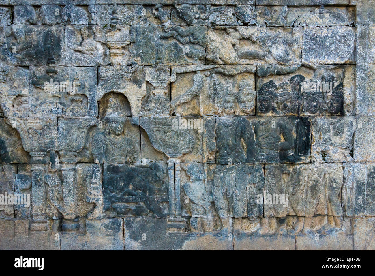 Nahaufnahme der Steinschnitt, Borobudur, UNESCO-Weltkulturerbe, Magelang, Java, Indonesien Stockfoto