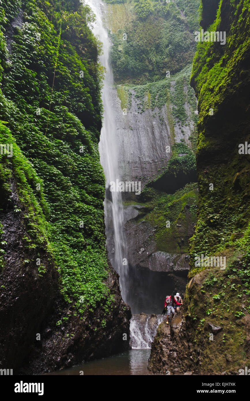 Touristen am Madakaripura Wasserfall, Ost-Java, Indonesien Stockfoto