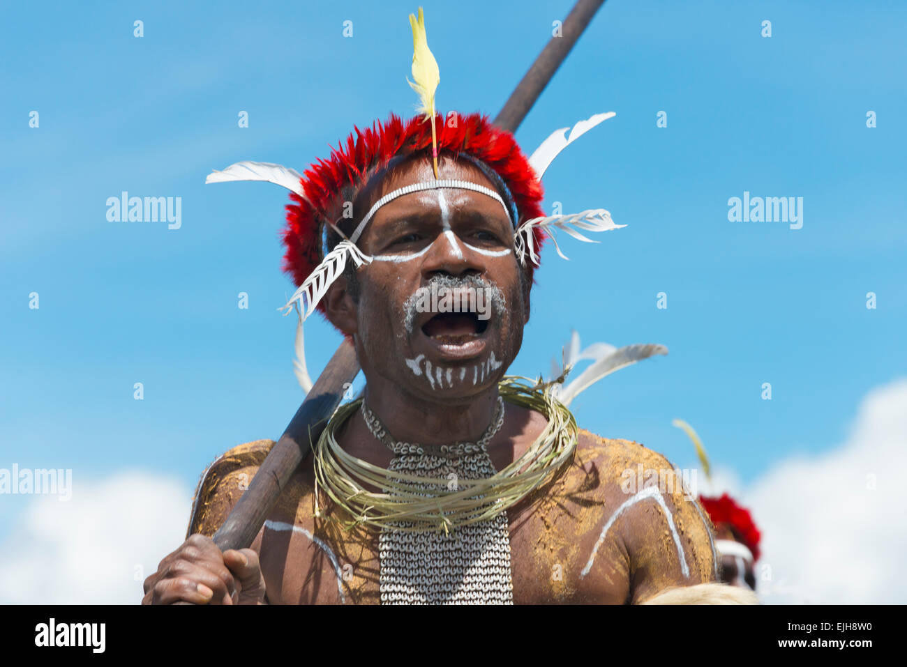 Dani-Mann mit Speer im Baliem Tal Festival, Wamena, Papua, Indonesien Stockfoto