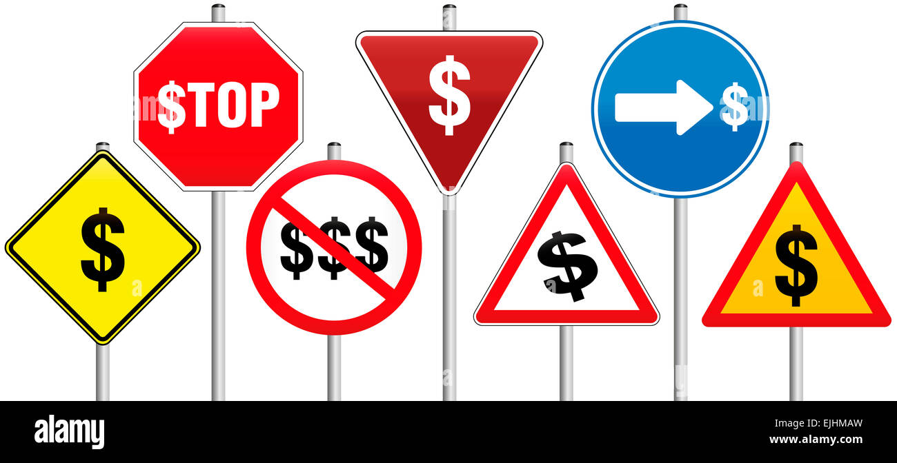 Sieben Verkehrszeichen mit Dollar Symbole, Geld und Wirtschaft Fragen. Stockfoto