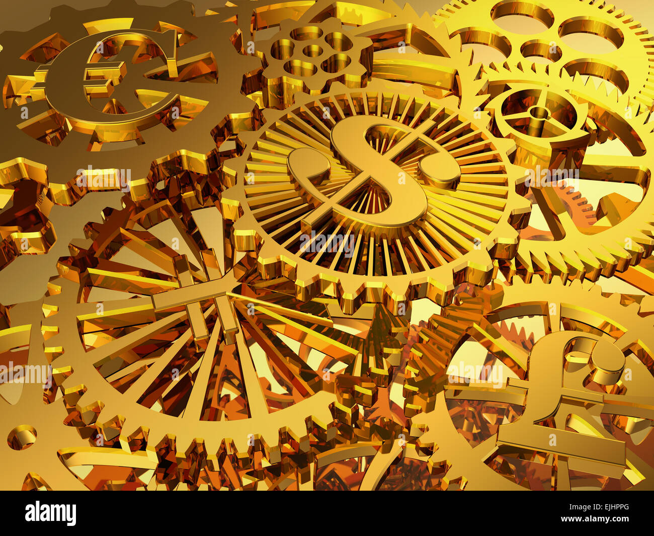 Der Mechanismus der das gold Getriebe mit Symbolen von Dollar, Euro, Pfund, Yen. Stockfoto