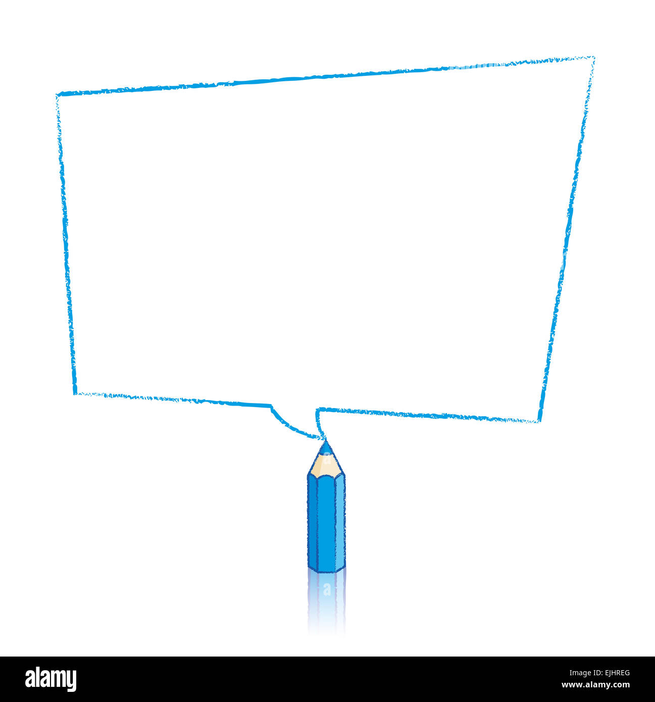 Blauen Stift mit Reflexion Zeichnung verzerrt rechteckig geformte Sprechblase auf weißem Hintergrund Stockfoto