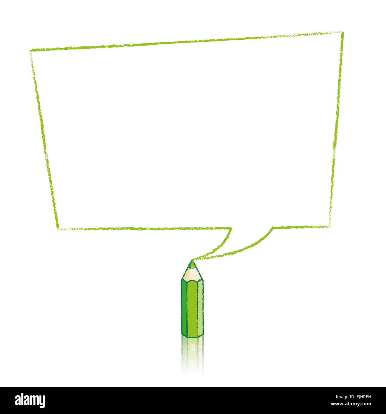 Grünen Bleistift mit Reflexion Zeichnung verzerrt rechteckig geformte Sprechblase auf weißem Hintergrund Stockfoto