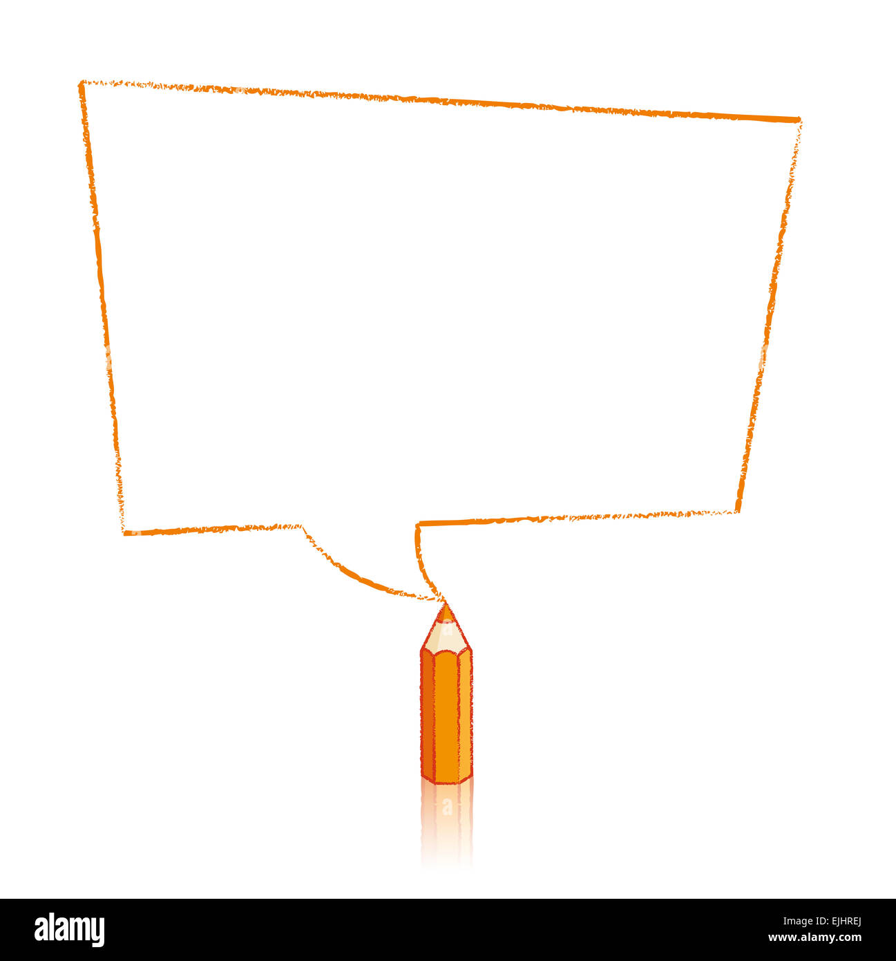 Orange Bleistift mit Reflexion Zeichnung verzerrt rechteckig geformte Sprechblase auf weißem Hintergrund Stockfoto