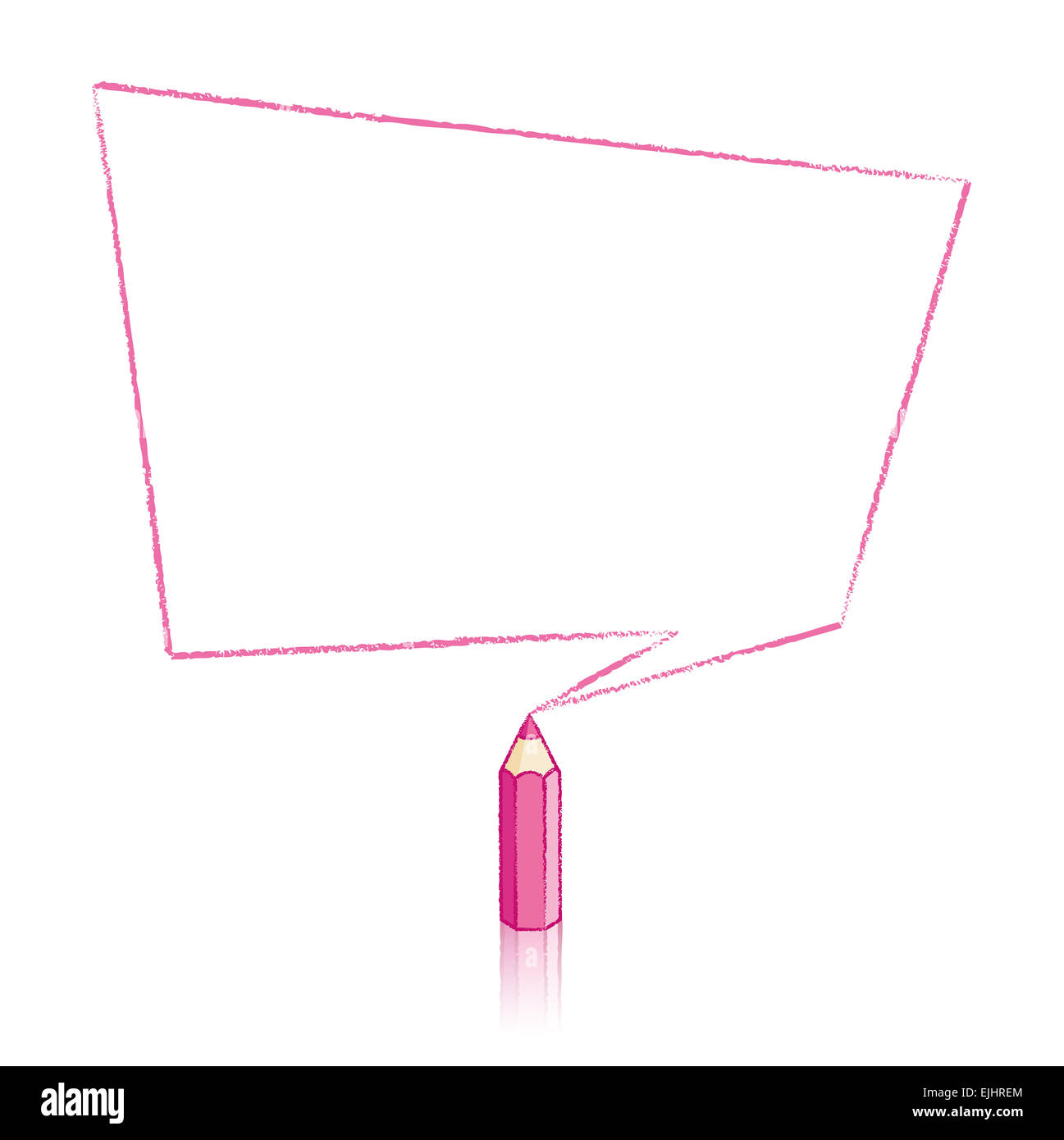 Rosa Bleistift mit Reflexion Zeichnung verzerrt rechteckig geformte Sprechblase auf weißem Hintergrund Stockfoto