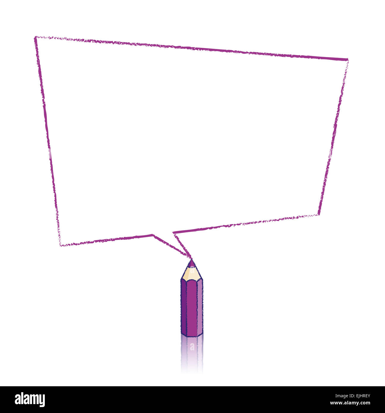 Lila Bleistift mit Reflexion Zeichnung verzerrt rechteckig geformte Sprechblase auf weißem Hintergrund Stockfoto
