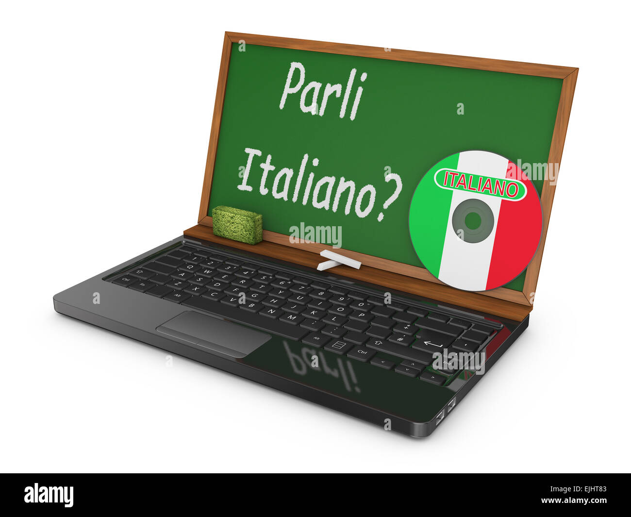 -Laptop mit CD und Kreide Board statt des Bildschirms, auf dem geschrieben sprechen Sie Italienisch? Stockfoto