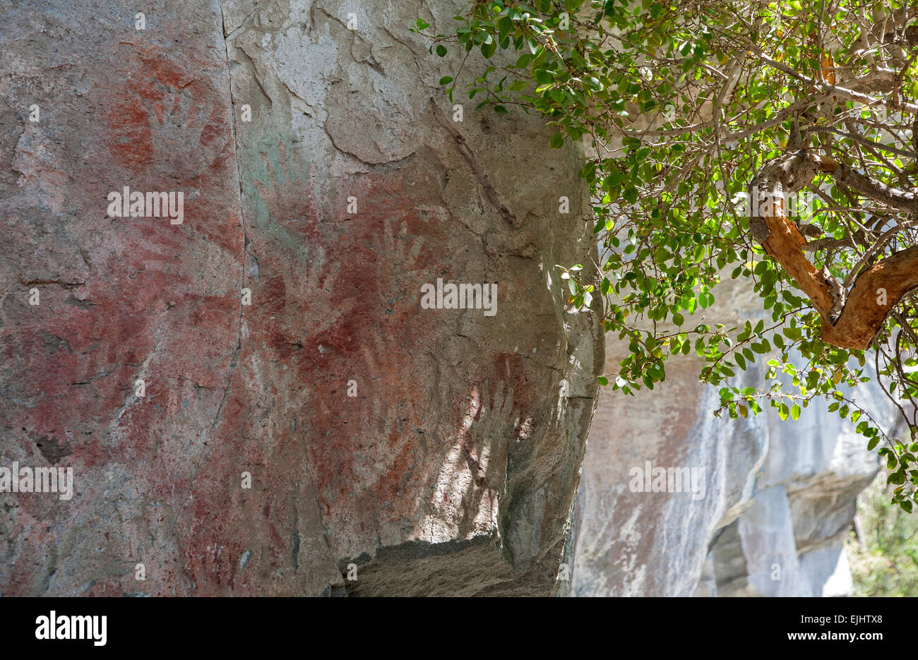 Prähistorische Hand Schablonen. Muro de Las Manos (Wand der Hände). Villa Cerro Castillo. Carretera Austral. Patagonien. Chile Stockfoto