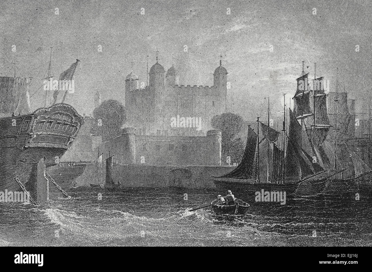 Der Tower of London im Nebel in den 1700er Jahren Stockfoto