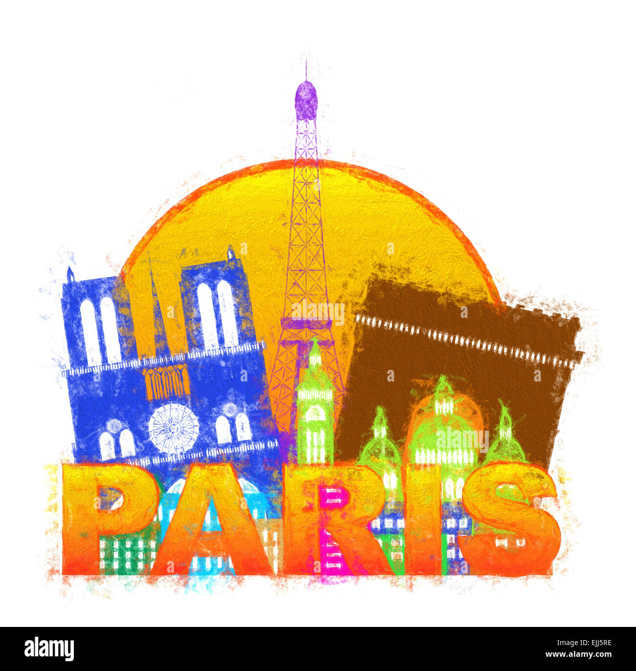Paris Frankreich City Skyline Silhouette Umrissfarbe in Kreis isoliert auf weißem Hintergrund impressionistischen Abbildung Stockfoto