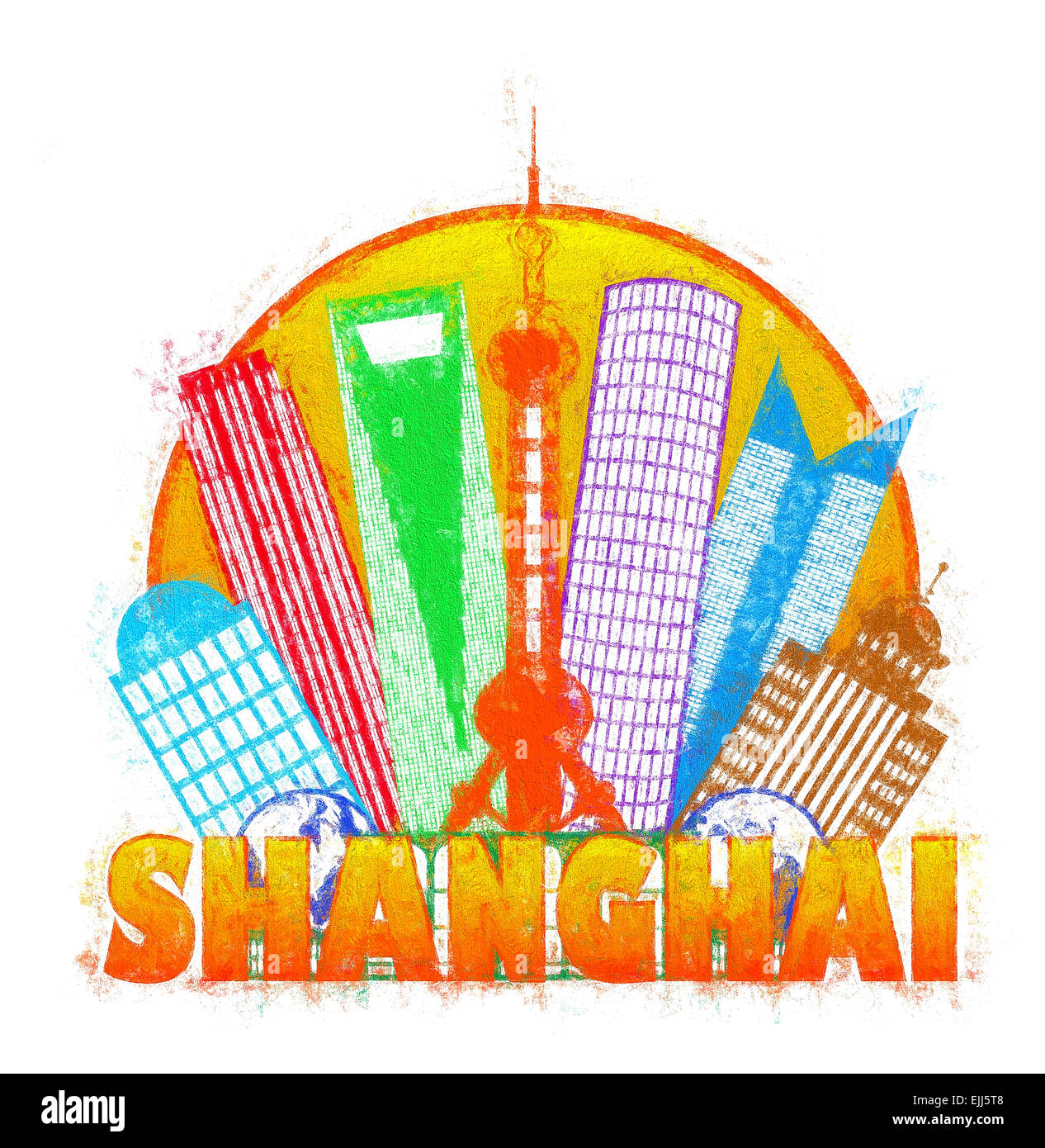 Shanghai China City Skyline Umriss Silhouette im Kreisfarbe isoliert auf weißem Hintergrund impressionistischen Abbildung Stockfoto