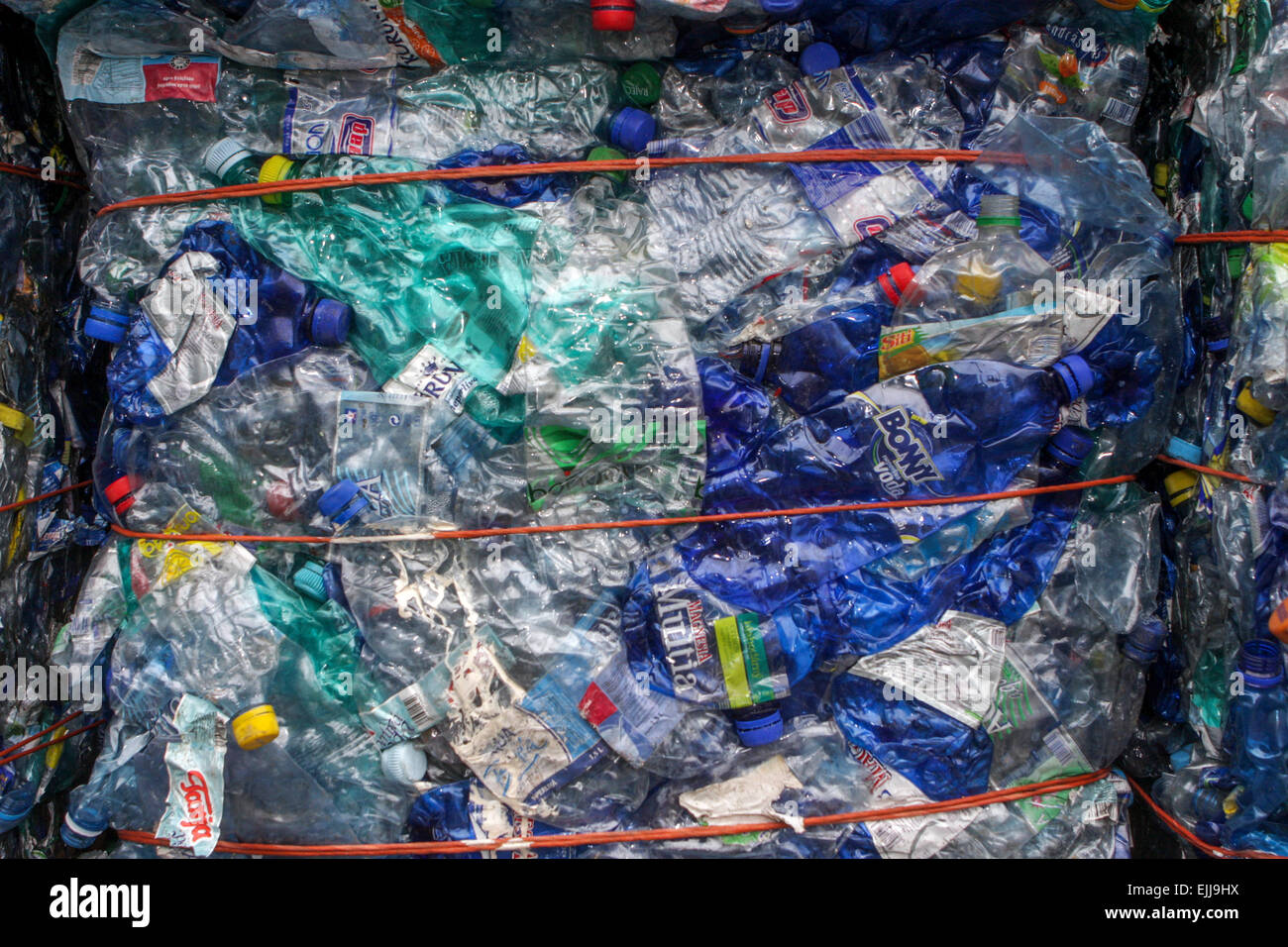 Abgeflachte Kunststoffflaschen zum Recycling von Kunststoffabfällen Stockfoto
