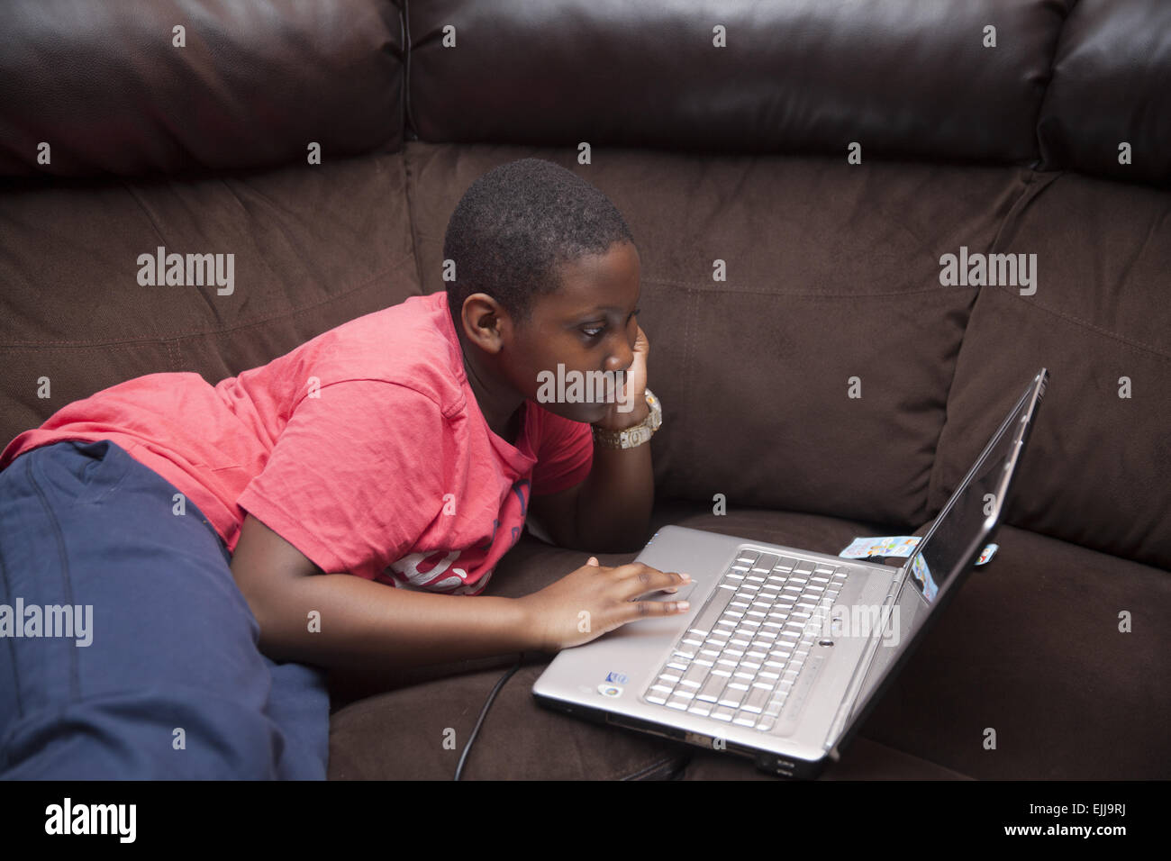 Heranwachsenden Jungen Forschung auf einem Computer, auf dem Sofa zu Hause in Brooklyn, New York Schule. Stockfoto