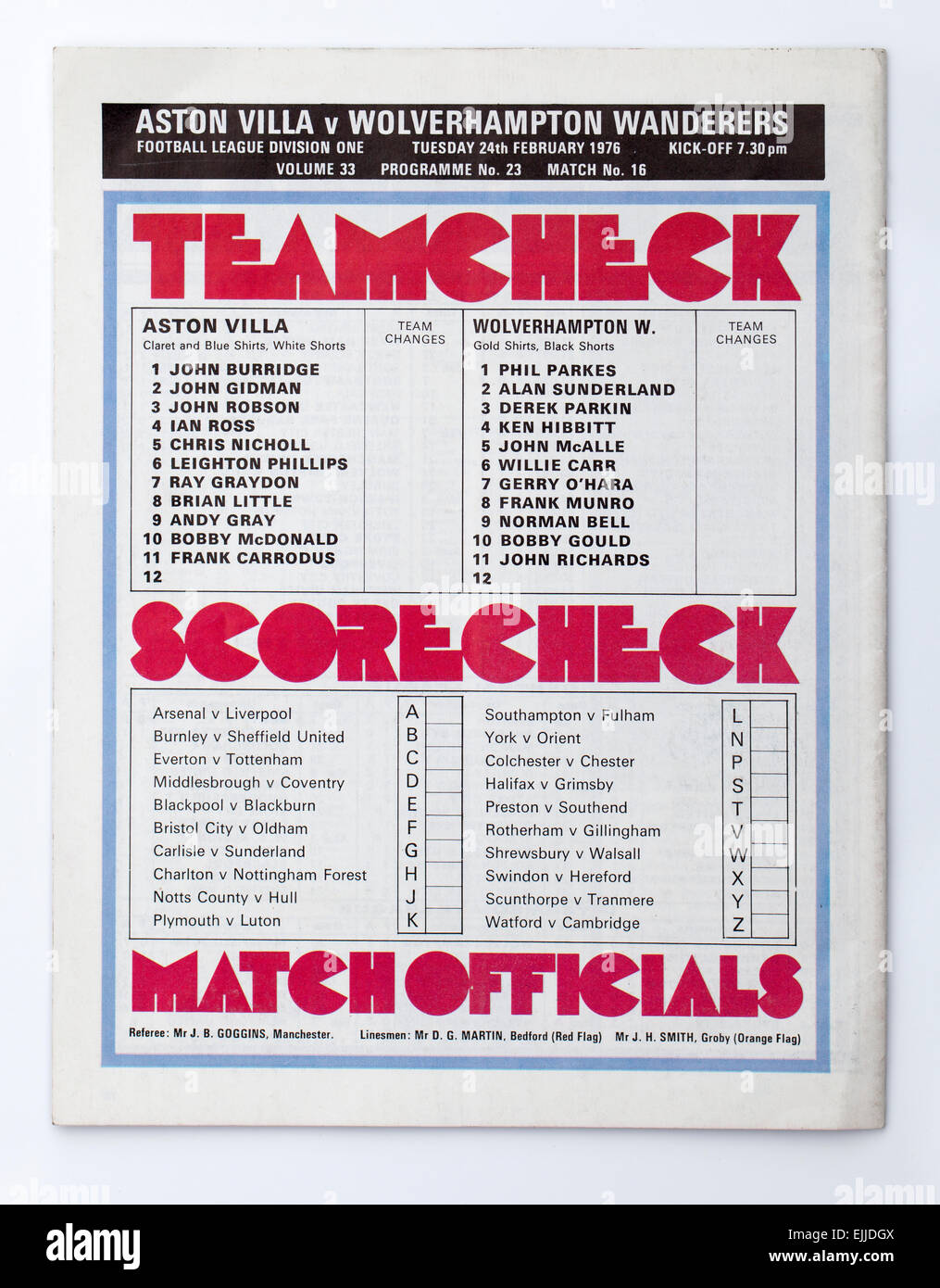 Rückseitige Cover von einem Jahrgang 1970 Fußball Programm Aston Villa V Wolverhampton Wanderers Stockfoto