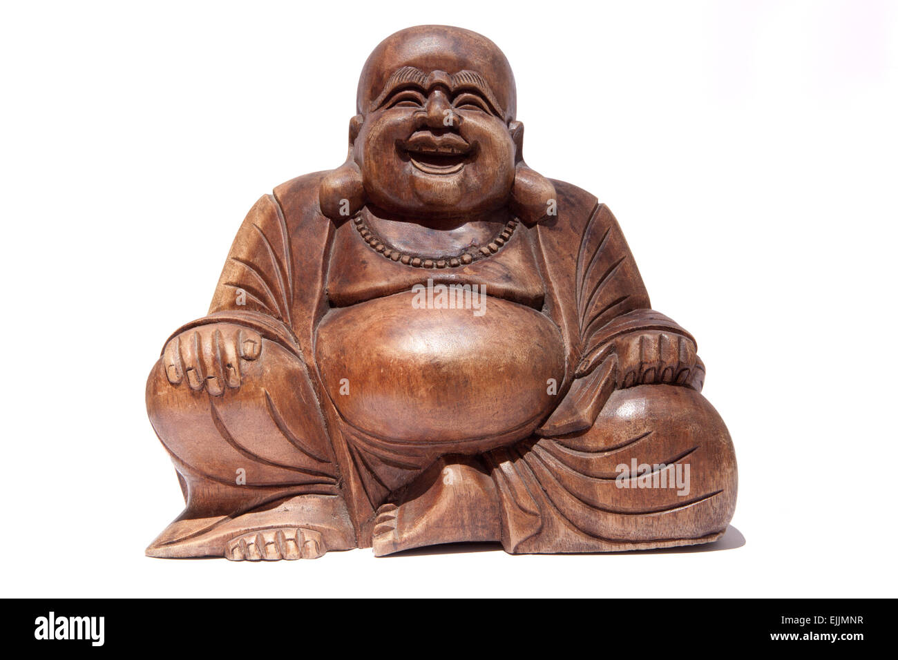 Hölzerne Fett Smiling Buddha isoliert auf weißem Hintergrund Stockfoto