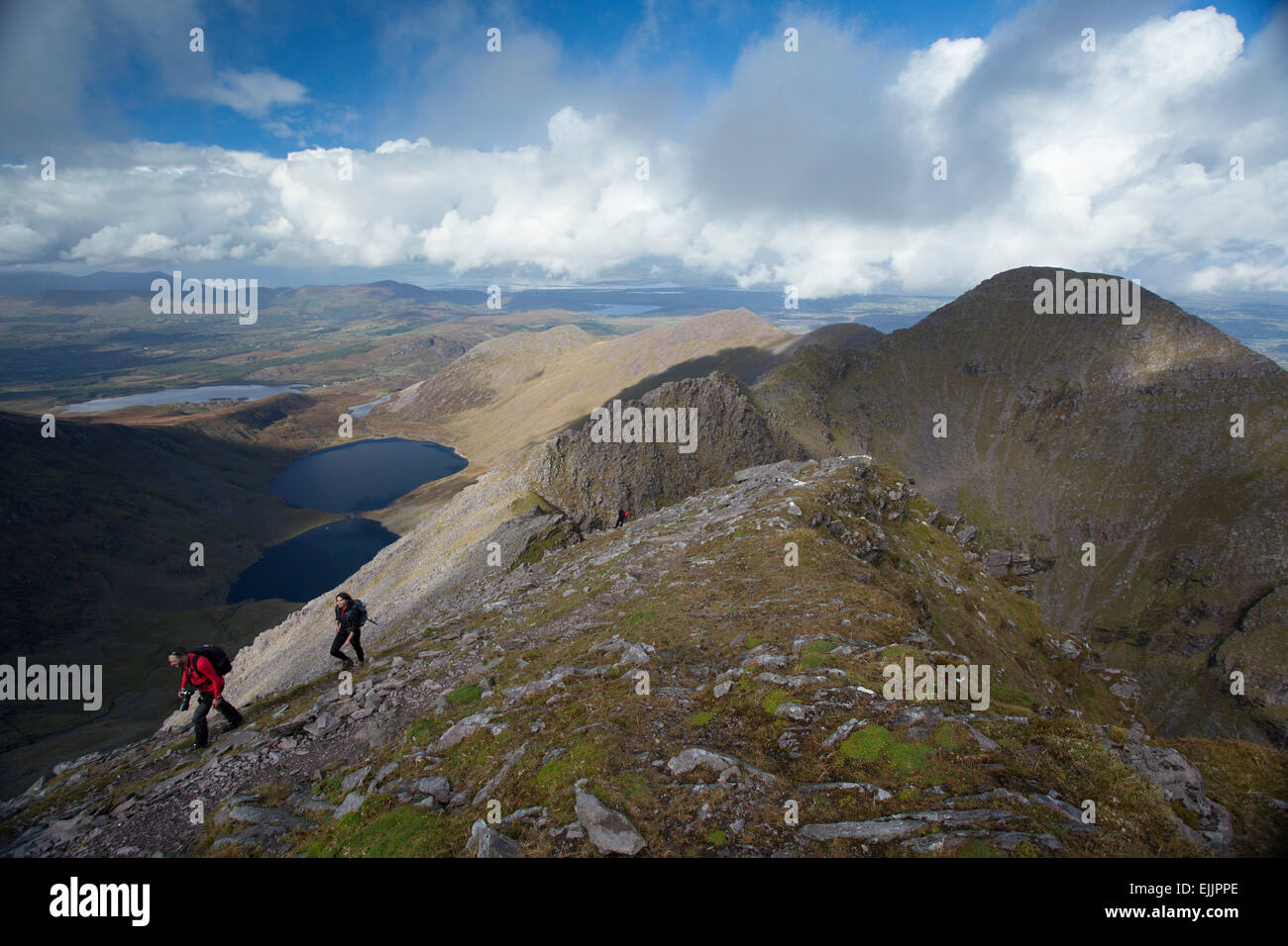 Wanderer auf dem Grat zwischen Carrauntoohil und Beenkeragh, MacGillycuddys stinkt, County Kerry, Irland. Stockfoto