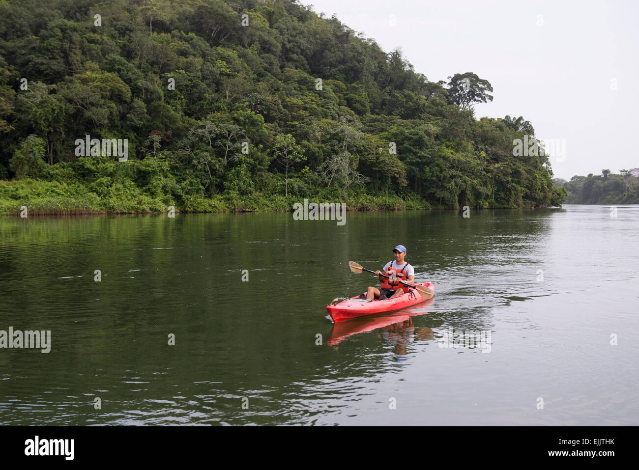 Kajakfahren auf dem Fluss Suriname bei Bergendal Adventure Centre, Suriname Stockfoto
