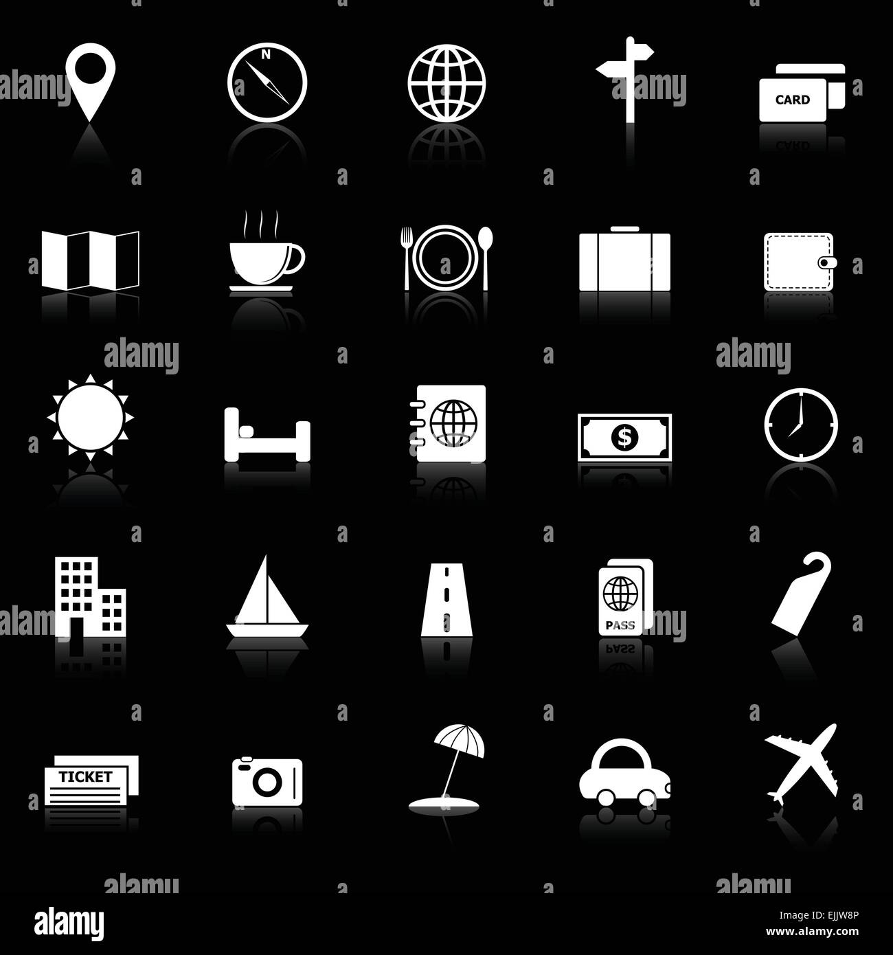 Reise-Ikonen mit Spiegeln auf schwarzem Hintergrund, Lager Vektor Stock Vektor