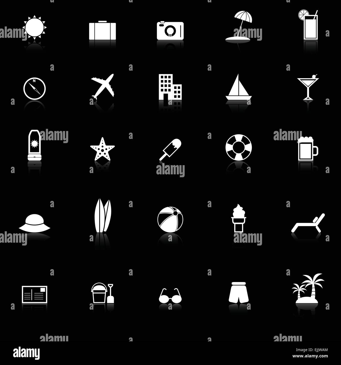 Sommer-Icons mit Spiegeln auf schwarzem Hintergrund, Lager Vektor Stock Vektor