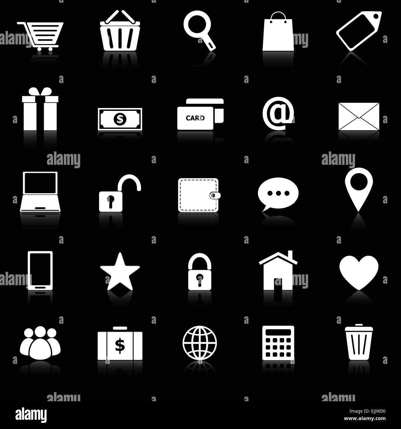 E-Commerce-Icons mit Spiegeln auf schwarzem Hintergrund, Lager Vektor Stock Vektor
