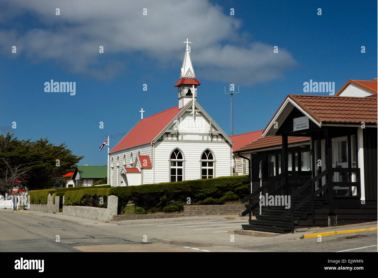 Port Stanley, Falkland, Road, St Mary, Ross rotbedachten, weiß gekleideten katholische Kirche Stockfoto
