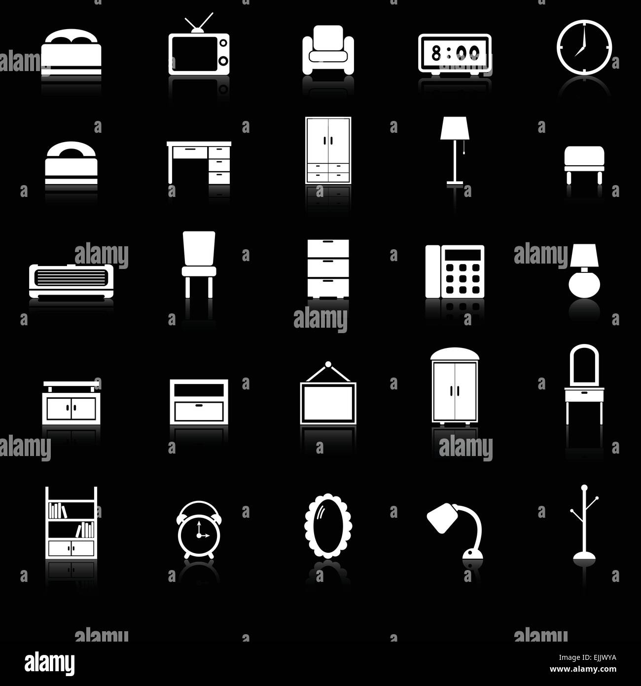 Schlafzimmer-Icons mit Spiegeln auf schwarzem Hintergrund, Lager Vektor Stock Vektor