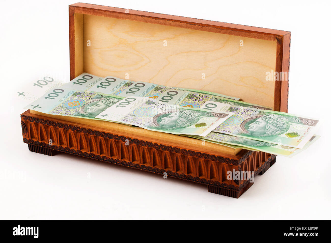 Kiste voll mit polnischen Geld Stockfoto