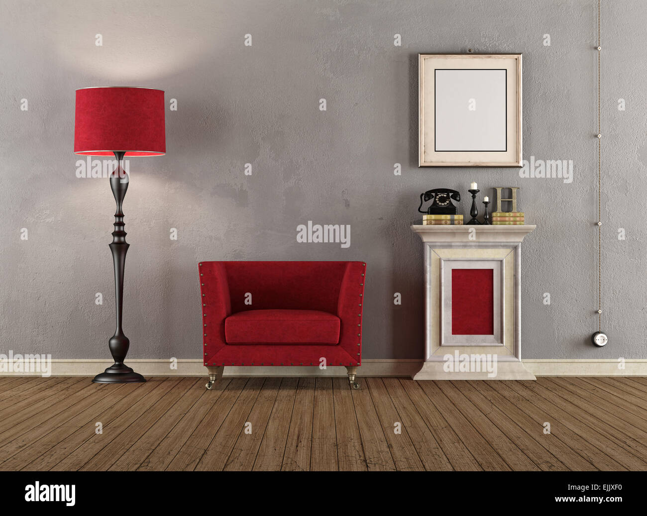 Vintage Zimmer mit roten Sesseln, Sockel und Stehleuchte - 3D Rendering Stockfoto