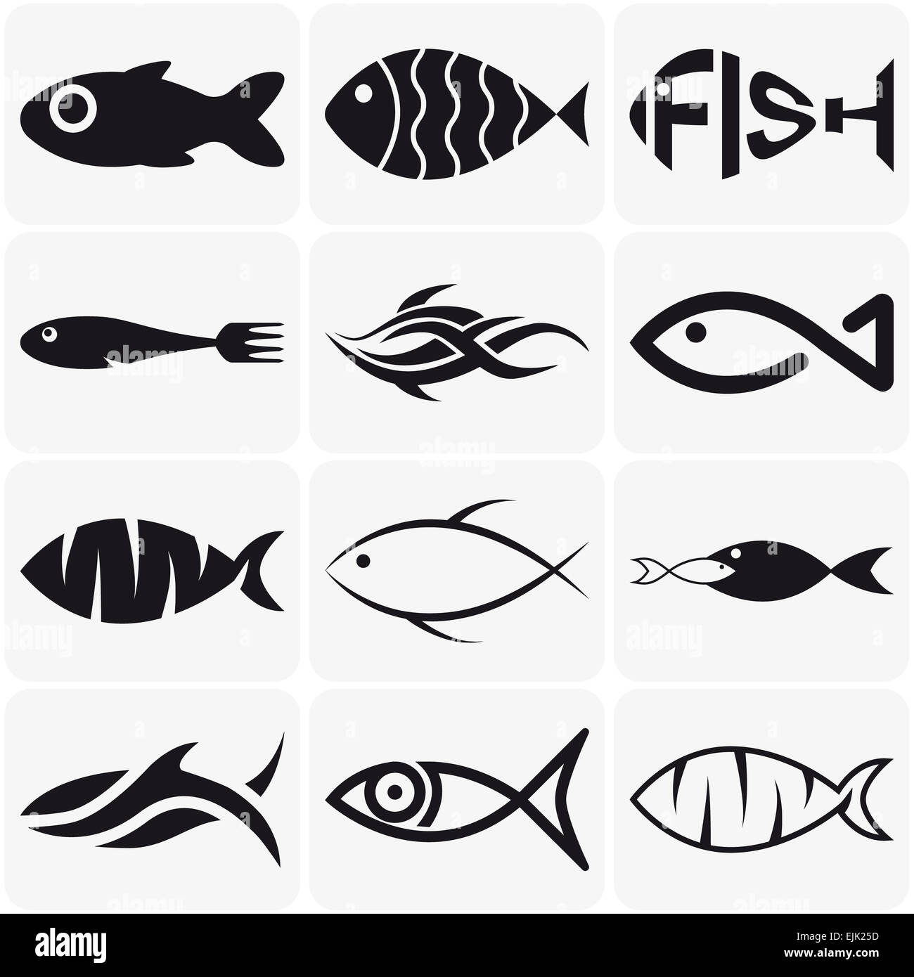 Reihe von kreativen Schwarze Fische Icons auf weißem Hintergrund Stockfoto