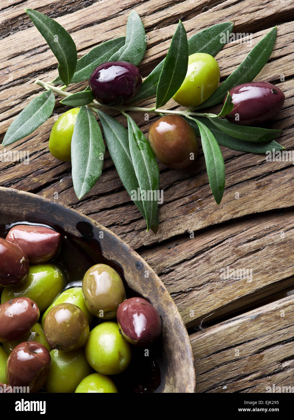 Holzschale voller Oliven und Olivenöl Zweige außer ihm. Stockfoto