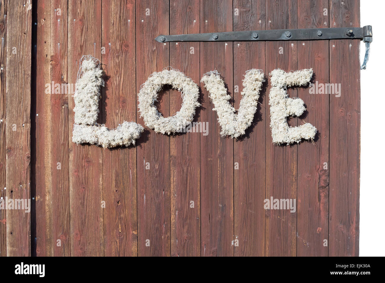 Wand mit Liebe. Roten Holzwand mit dem Wort Liebe gemacht von Moos und Draht Mesh im rustikalen Stil eingerichtet. Stockfoto