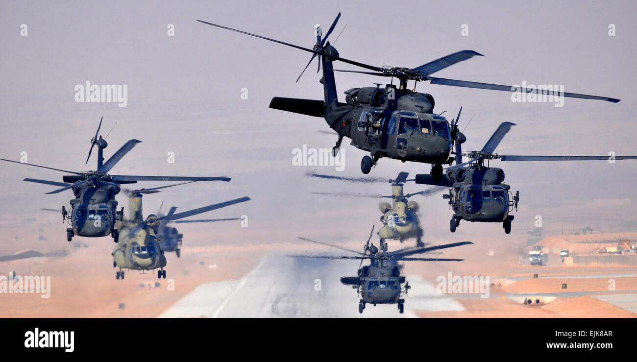 Sechs UH - 60L Black Hawks und zwei CH-47F Chinook, zugewiesenen Task Force Brawler, 4. Bataillon, 3. Aviation Regiment, Task Force Falcon, starten gleichzeitig eine tagsüber Mission Jan. 18 von multinationalen Basis Tarin Kowt. Stockfoto