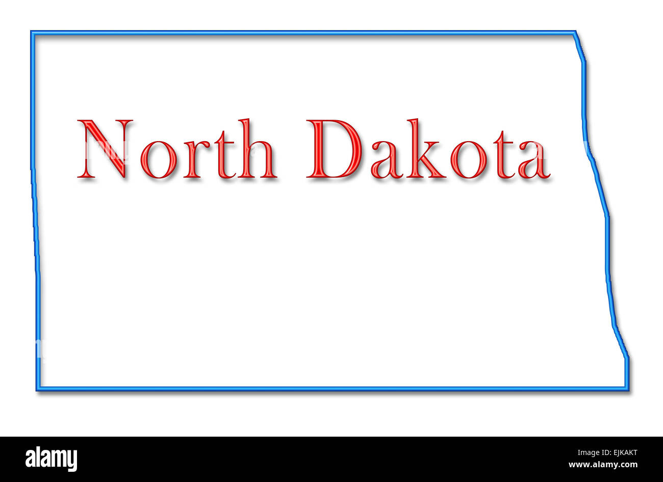 Karte von North Dakota mit Neon Blue Gliederung und rotem Schriftzug Stockfoto