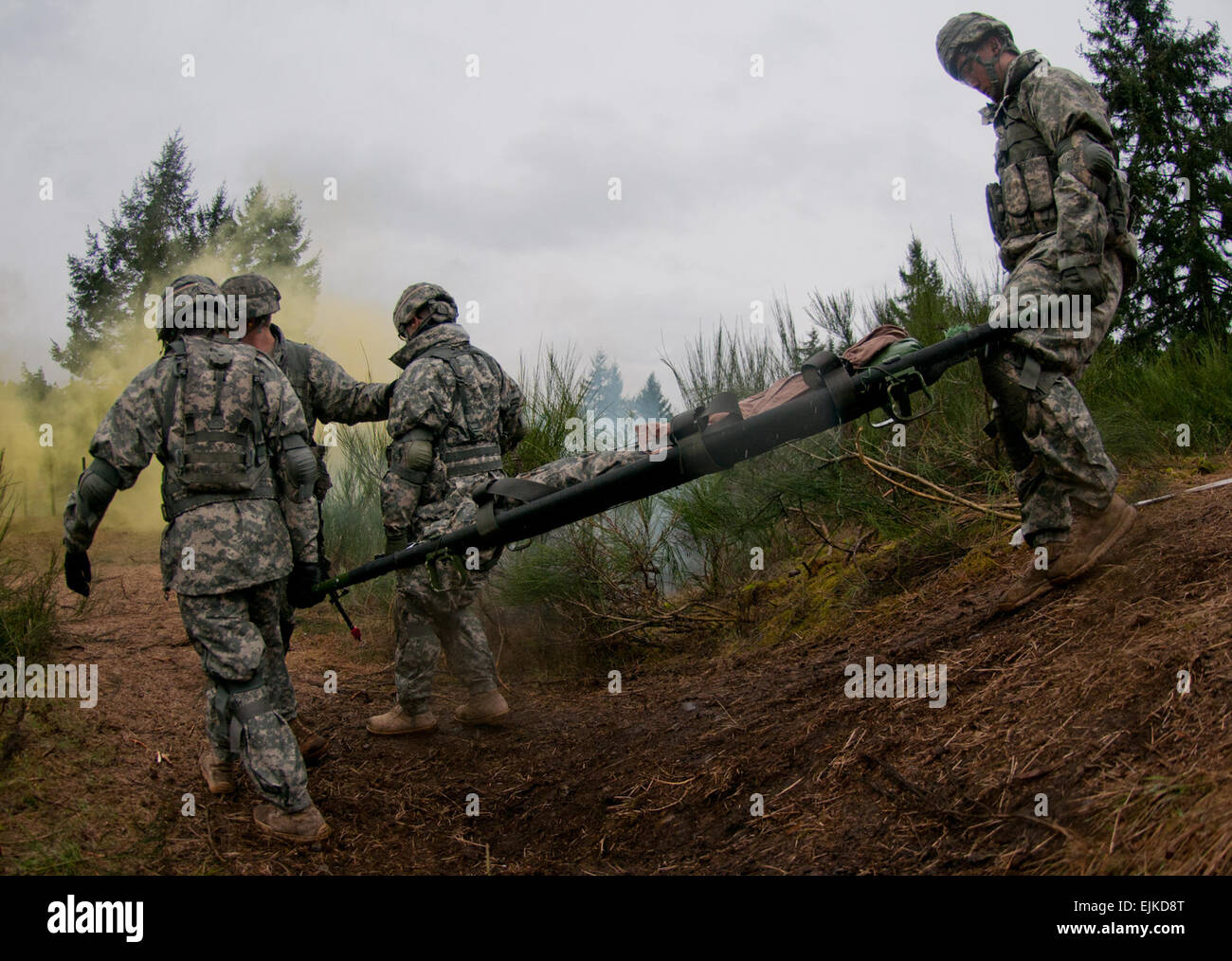 PFC. Steven Williams, 520th Bereich medizinische Unterstützungskompanie, 56. multifunktionale Sanitätsbataillons, 62. medizinische Brigade, Joint Base Lewis-McChord, Wash., führt einen vier-Personen-Wurf-Kader Gelände während des Tests um die Experte Bereich medizinische JBLM Norden April 10 Abzeichen. Die EFMB ist eine renommierte Abteilung der Armee-Ebene-Plakette für die Anerkennung der außergewöhnlichen Kompetenz und hervorragende Leistung durch medizinisches Personal Bereich. Es ist ein Test für eine individuelle medizinische Soldat körperliche Fitness, mentale Stärke und Leistungsfähigkeit zu Standards der hervorragender Leistung in einer Vielzahl von kritischen Stockfoto