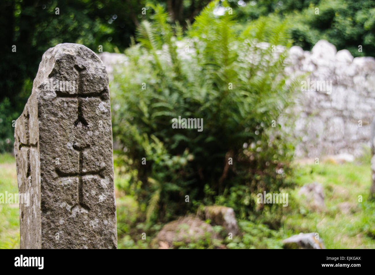 Lugnaedon Stone, die Grabstätte des Lugnaedon, Schwester von St. Patrick.  Dies ist angeblich die älteste christliche Inschrift außerhalb des Vatikans. Stockfoto