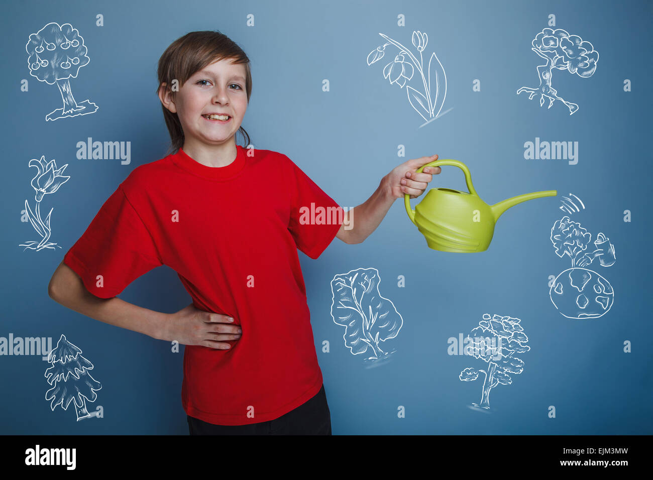 junge Teenager mit einer Gießkanne gießen ein Baum Erde Infografik Stockfoto