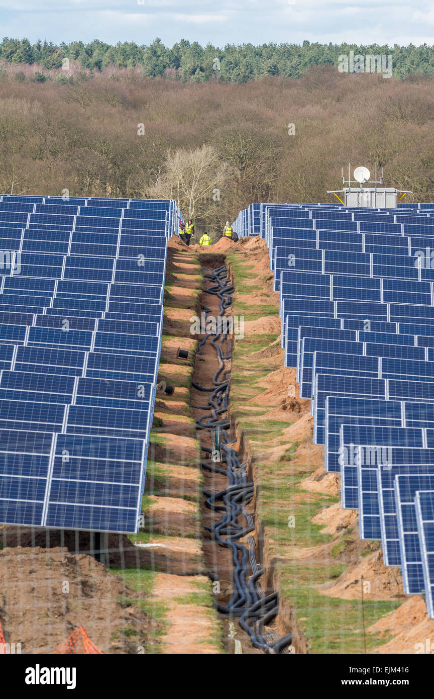 Die Installation der p.v. Solar Panels auf einen Solarpark auf Welbeck Estate, Meden Vale, Nottinghamshire. Stockfoto