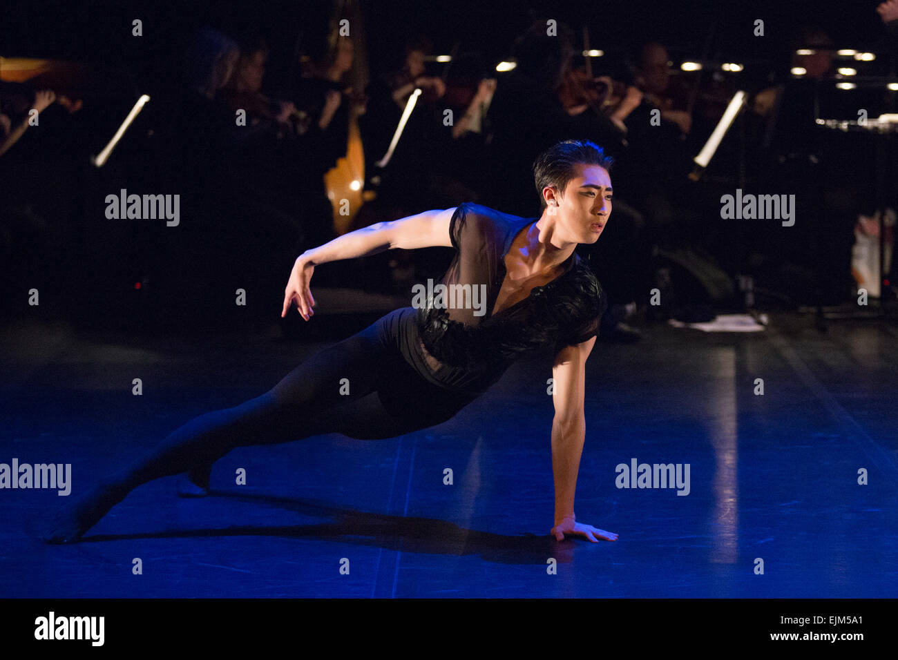 23.03.2015. London, England. Im Bild: Jinhao Zhang in sterbende Schwan - Gewinner des Finales Emerging Tänzerin 2015. English National Ballet Emerging Tänzerin 2015 Finale im Southbank Centre, Queen Elizabeth Hall, London. Stockfoto