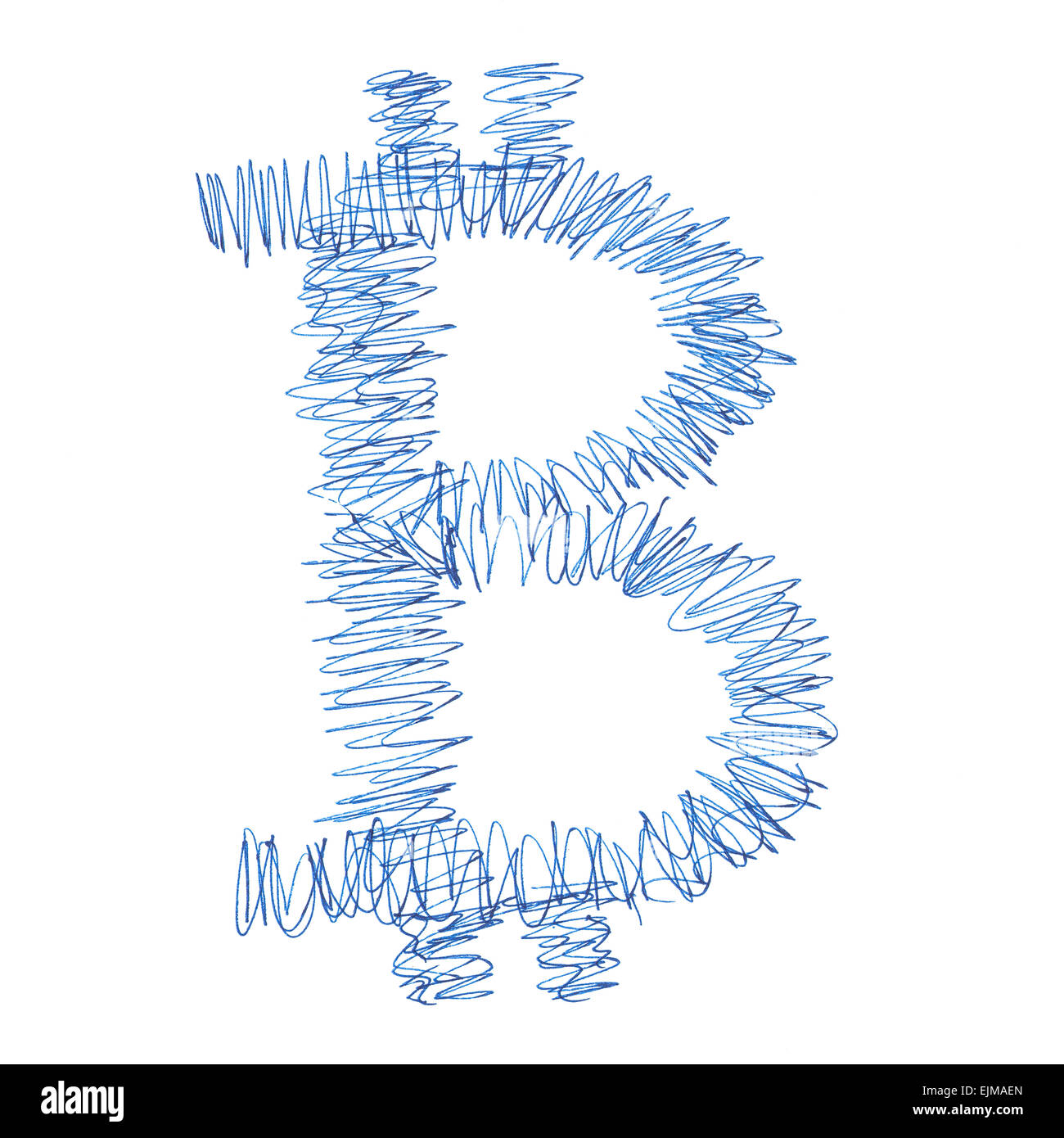 Kritzelte Bitcoin-Symbol, handgefertigte Zeichnung von einem digitalen Kryptowährung, Buchstabe B auf weißem Hintergrund. Stockfoto