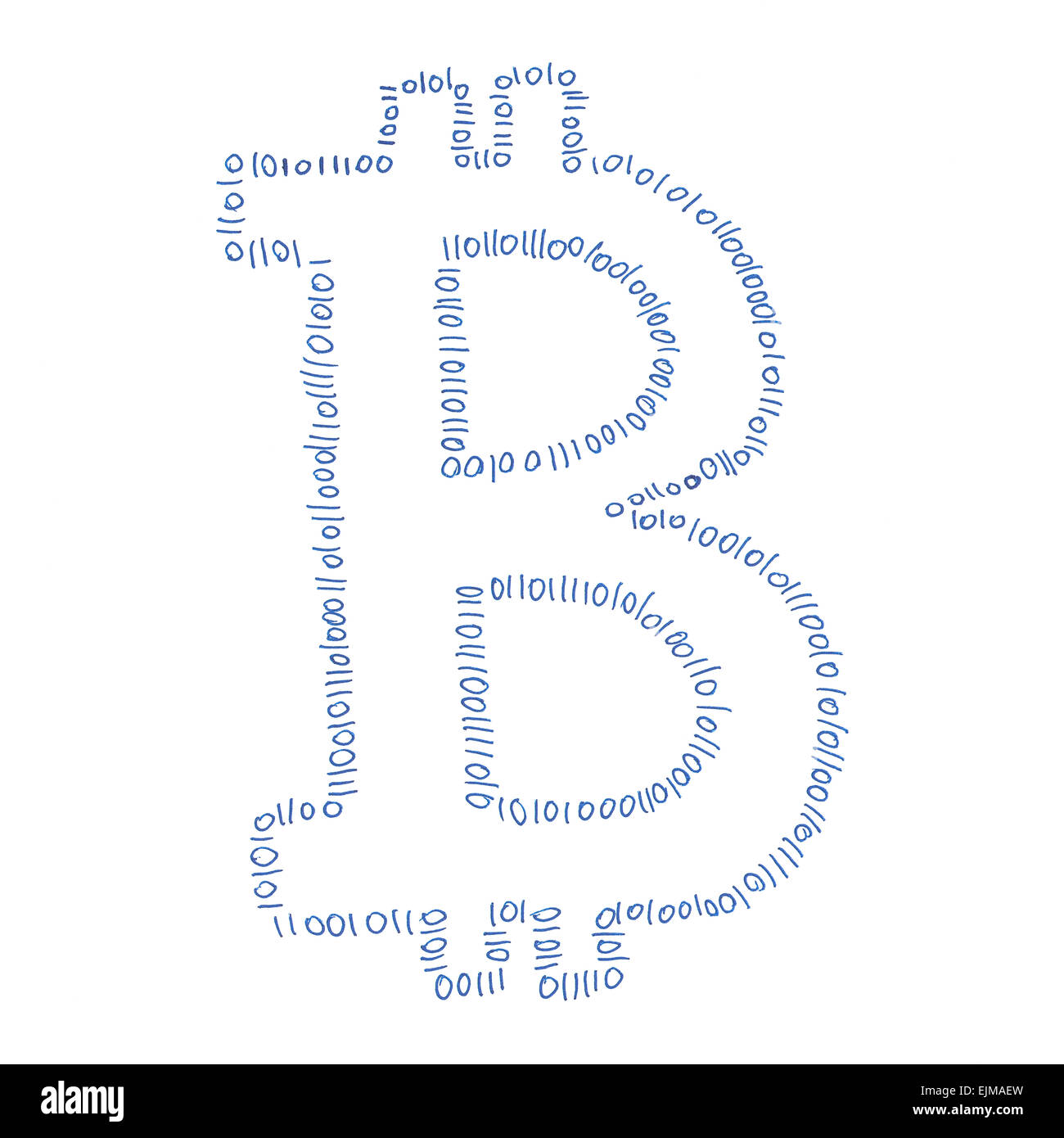 Digitalen Bitcoin-Symbol, handgefertigte Zeichnung von einer digitalen dezentrale Kryptowährung, Buchstabe B auf weißem Hintergrund. Stockfoto