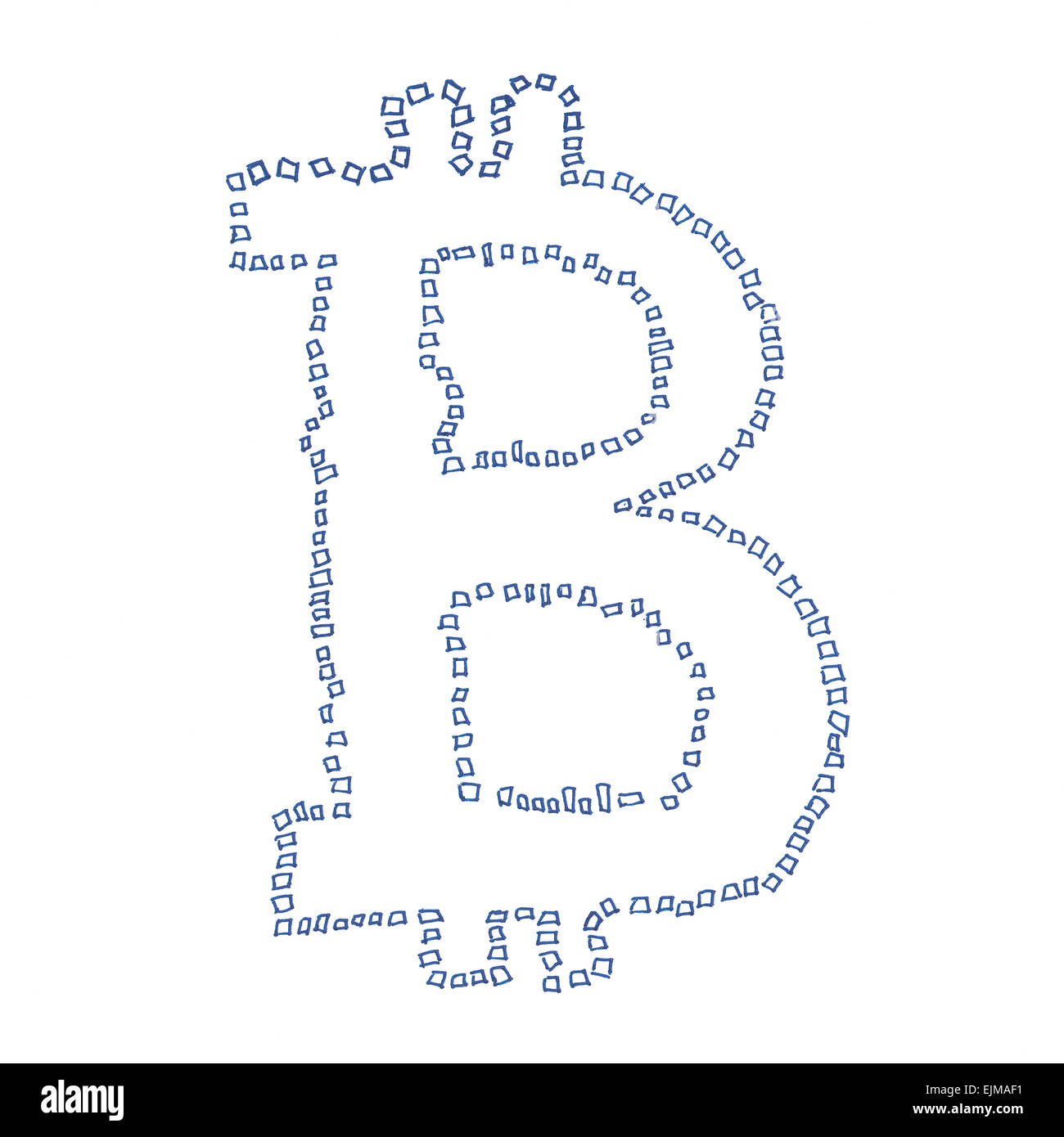 Bitcoin-Symbol, handgefertigte Zeichnung von einer digitalen dezentrale Kryptowährung, kleine Quadrate in einer Form des Buchstaben b Stockfoto