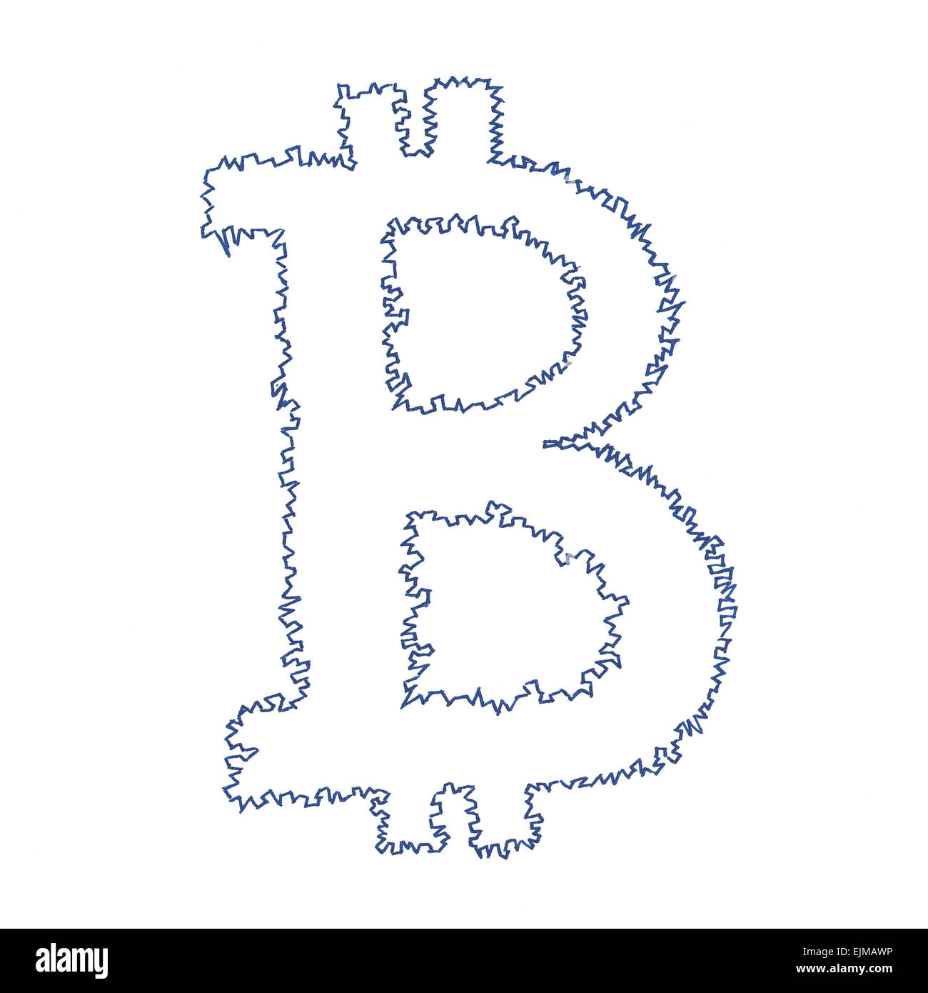 Gezahnte Bitcoin-Symbol, handgefertigte Zeichnung von einer digitalen dezentrale Kryptowährung, Buchstabe B auf weißem Hintergrund. Stockfoto