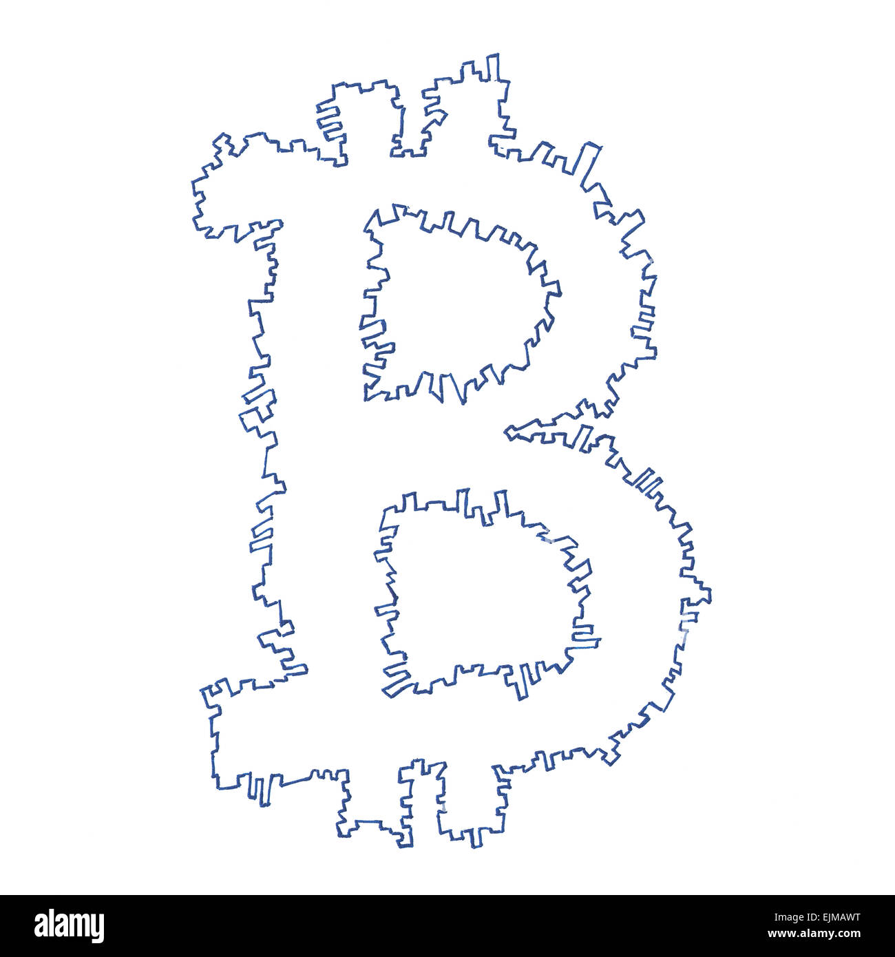 Gezahnte Bitcoin-Symbol, dezentrale handgefertigte Zeichnung eines digitalen Krypto Währung, Buchstabe B auf weißem Hintergrund. Stockfoto