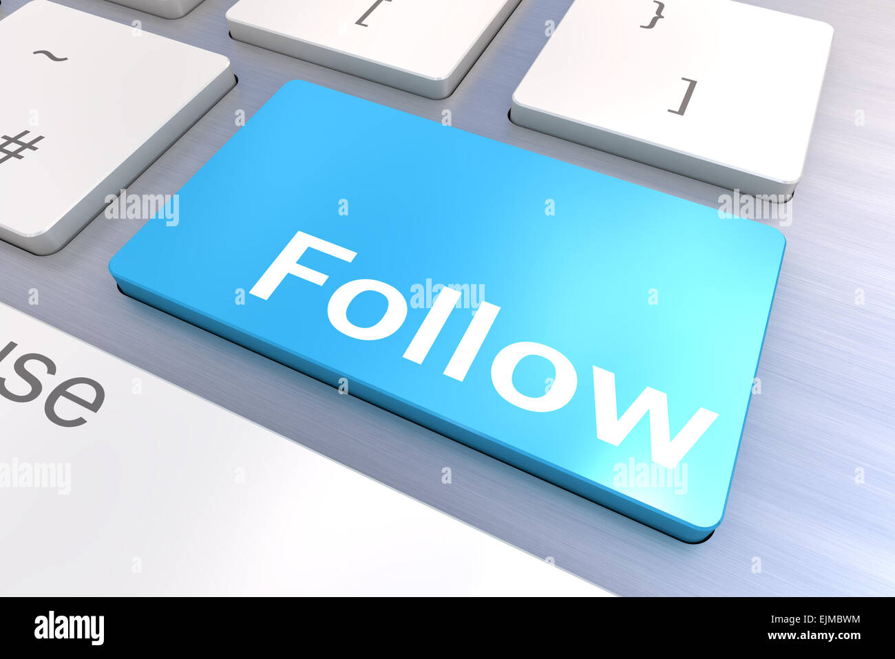 Computer-Tastatur gerenderte Darstellung mit einem Social Media folgen Button Konzept Stockfoto