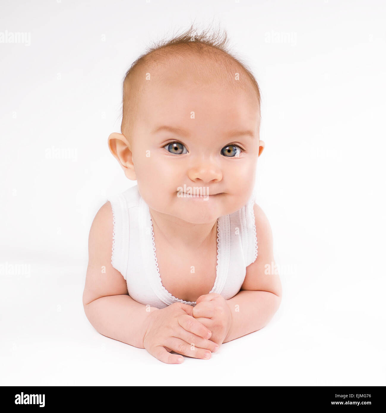 Süße lustige Baby auf weißem Hintergrund Stockfoto