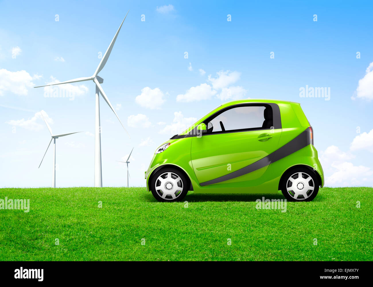 Grüne Elektroauto im Freien mit Blick auf die Windmühle dahinter. Stockfoto
